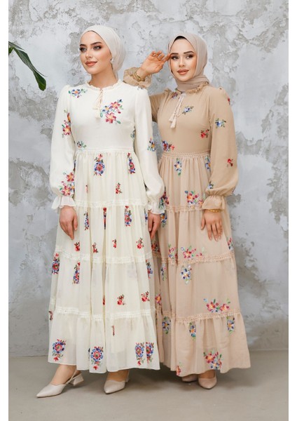 Çiçek Desenli Ekru Tesettür Elbise 32816E fırsatları