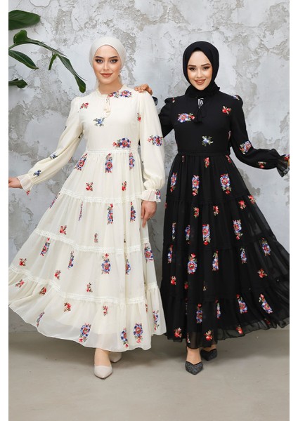 Çiçek Desenli Ekru Tesettür Elbise 32816E indirimleri