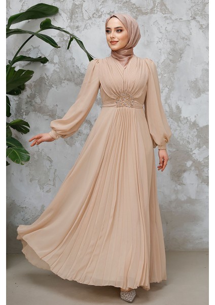 Drape Detaylı Bej Tesettür Abiye Elbise 4448BEJ