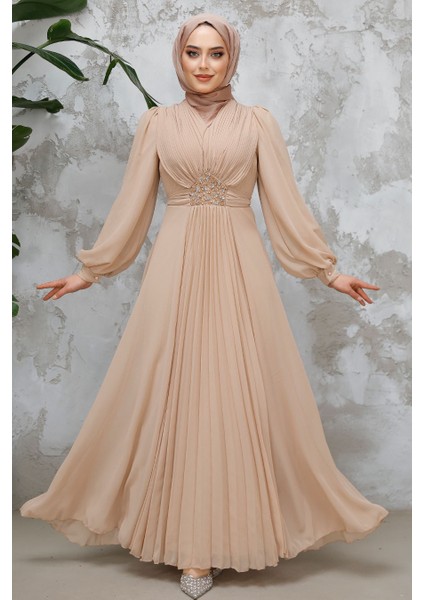 Drape Detaylı Bej Tesettür Abiye Elbise 4448BEJ