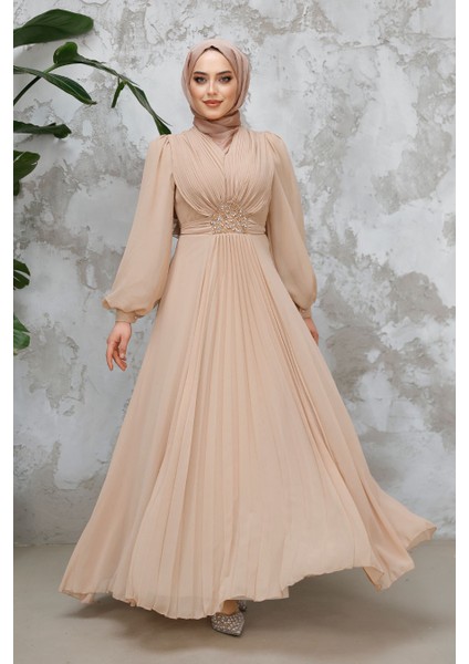 Drape Detaylı Bej Tesettür Abiye Elbise 4448BEJ