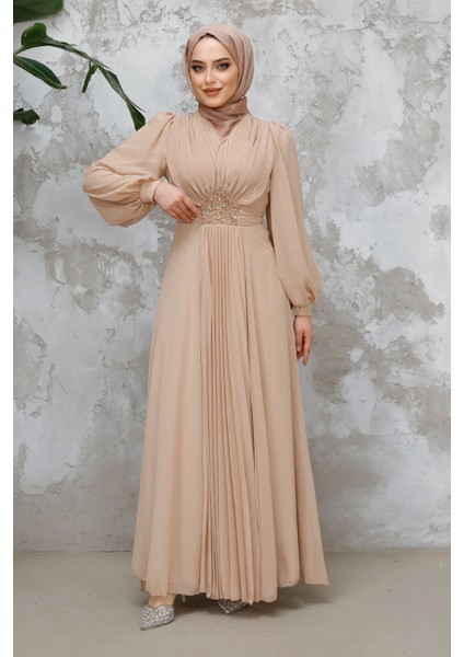 Drape Detaylı Bej Tesettür Abiye Elbise 4448BEJ