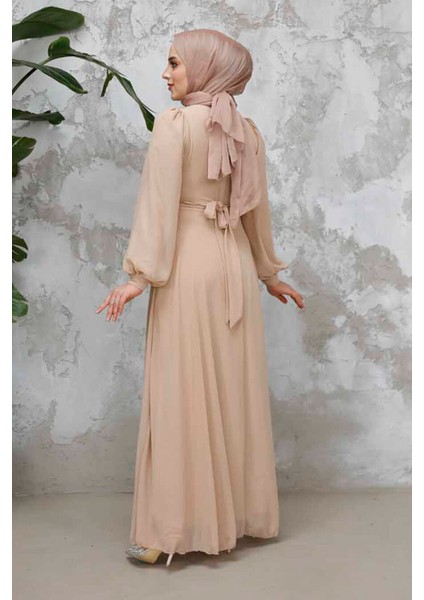 Drape Detaylı Bej Tesettür Abiye Elbise 4448BEJ