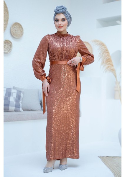 Pul Payetli Kiremit Tesettür Abiye Elbise 4667KRMT fiyatları