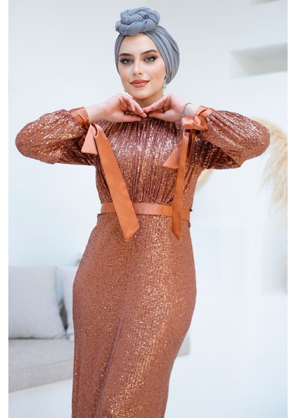 Pul Payetli Kiremit Tesettür Abiye Elbise 4667KRMT modelleri