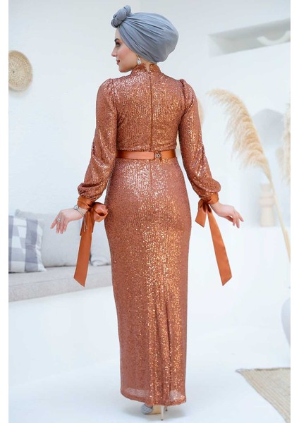Pul Payetli Kiremit Tesettür Abiye Elbise 4667KRMT fırsatları