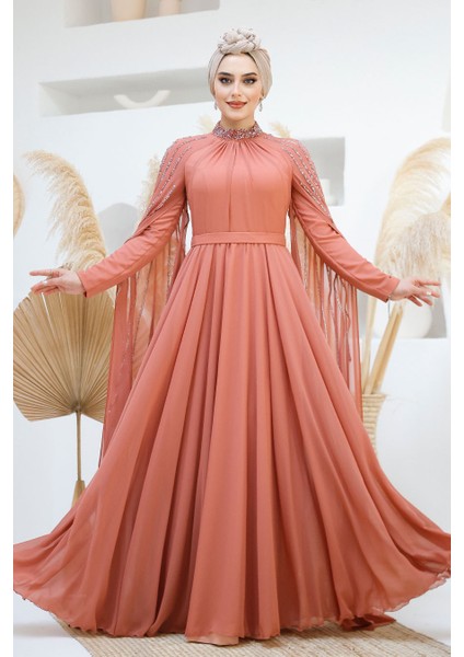 Pelerin Detaylı Koyu Somon Tesettür Abiye Elbise 47381KSMN