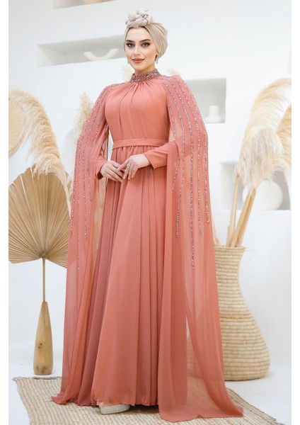 Pelerin Detaylı Koyu Somon Tesettür Abiye Elbise 47381KSMN fiyatları