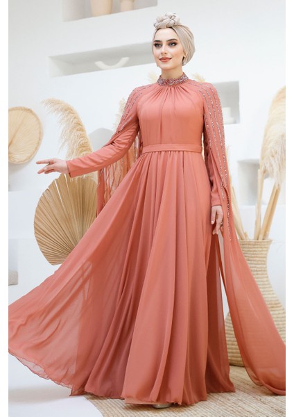 Pelerin Detaylı Koyu Somon Tesettür Abiye Elbise 47381KSMN modelleri