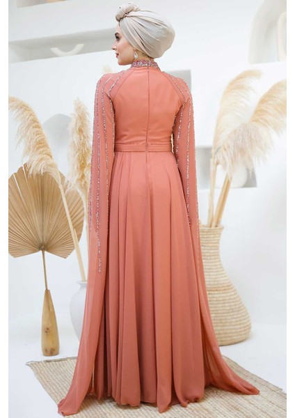 Pelerin Detaylı Koyu Somon Tesettür Abiye Elbise 47381KSMN indirimleri