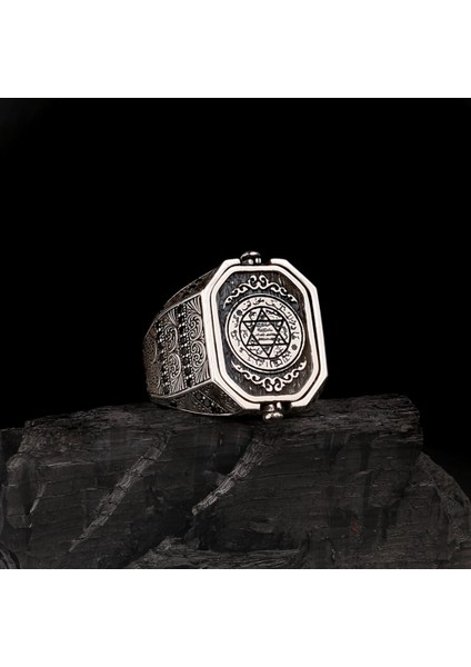 Hz Süleyman Mührü Türk Yazılı Çift Taraflı Gümüş Yüzük