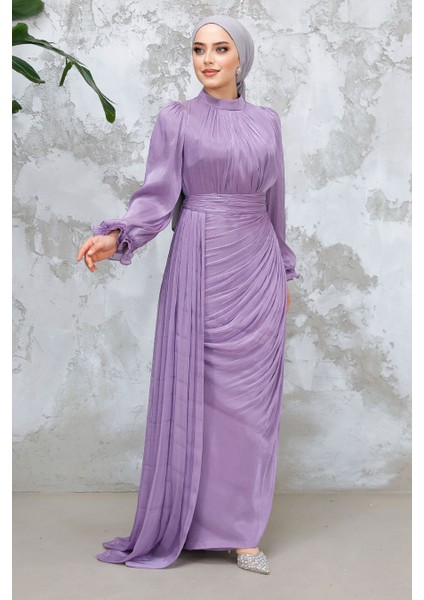 Drape Detaylı Lila Tesettür Abiye Elbise 4934LILA