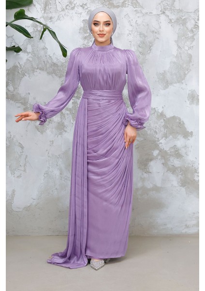 Drape Detaylı Lila Tesettür Abiye Elbise 4934LILA fiyatları