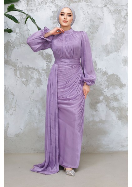 Drape Detaylı Lila Tesettür Abiye Elbise 4934LILA modelleri
