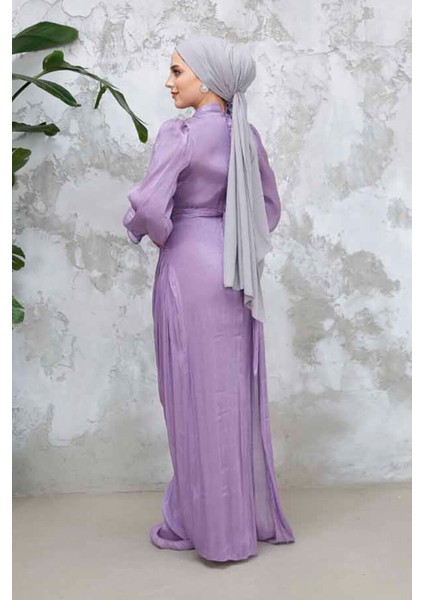 Drape Detaylı Lila Tesettür Abiye Elbise 4934LILA fırsatları