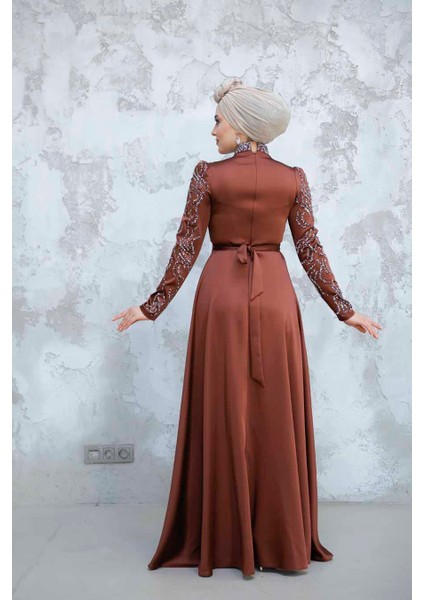 Boncuk Işlemeli Kahverengi Tesettür Saten Abiye Elbise 4433KH fırsatları
