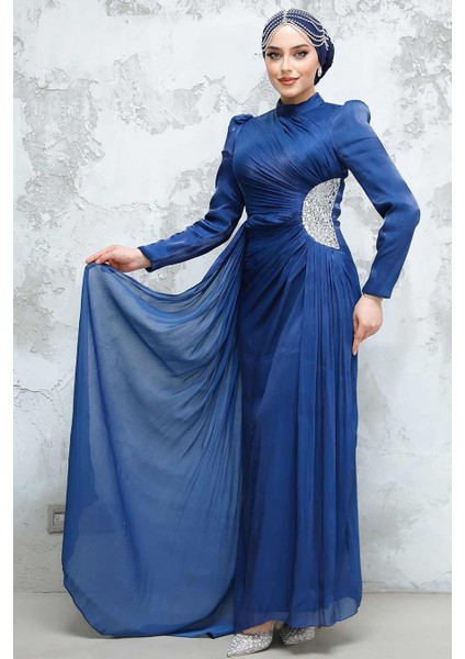 Drape Detaylı Lacivert Tesettür Abiye Elbise 4919L