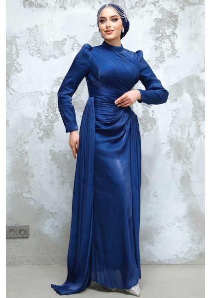 Drape Detaylı Lacivert Tesettür Abiye Elbise 4919L fiyatları