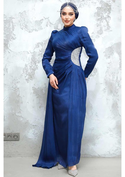 Drape Detaylı Lacivert Tesettür Abiye Elbise 4919L modelleri