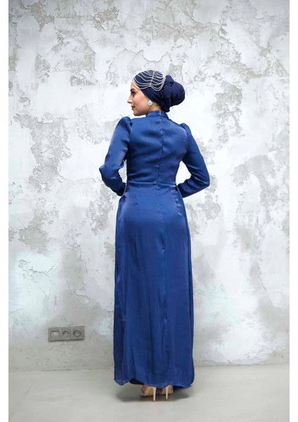 Drape Detaylı Lacivert Tesettür Abiye Elbise 4919L fırsatları