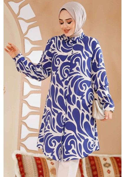 Desenli Lacivert Tesettür Tunik 11711L