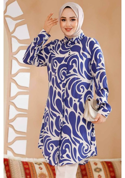 Desenli Lacivert Tesettür Tunik 11711L