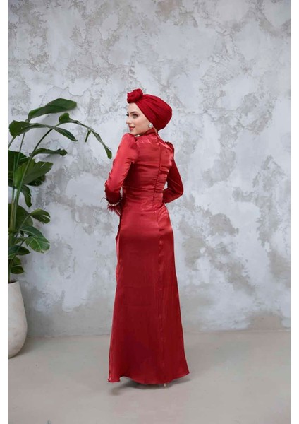 Tüy Detaylı Bordo Tesettür Abiye Elbise 50481BR fırsatları