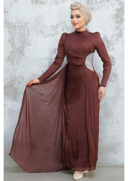 - Drape Detaylı Kahverengi Tesettür Abiye Elbise 4919KH