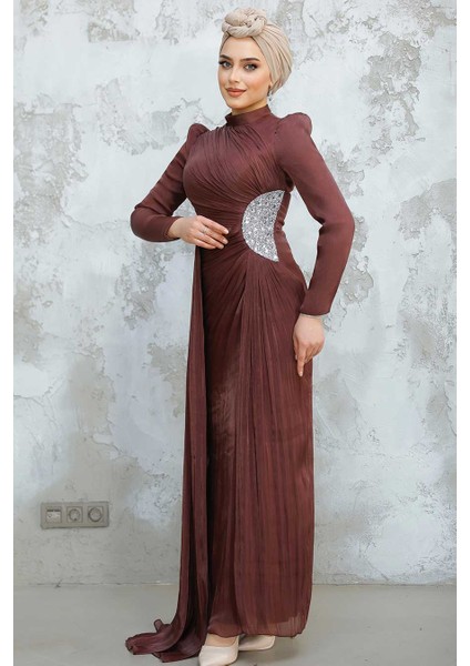 - Drape Detaylı Kahverengi Tesettür Abiye Elbise 4919KH fiyatları