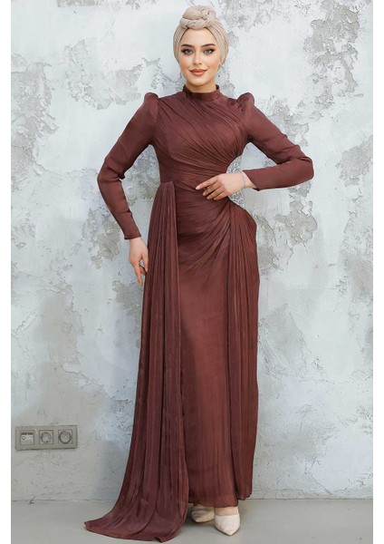 - Drape Detaylı Kahverengi Tesettür Abiye Elbise 4919KH modelleri
