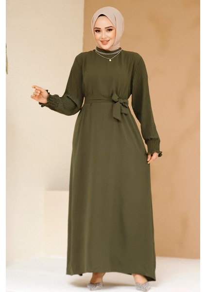 Kolları Pileli Haki Tesettür Elbise 10124HK