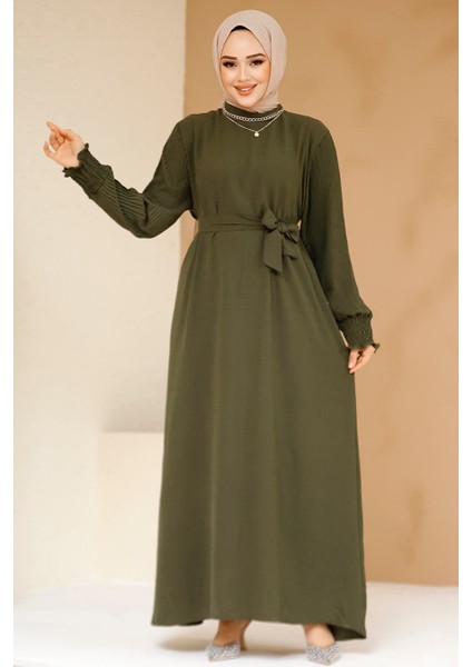 Kolları Pileli Haki Tesettür Elbise 10124HK fiyatları