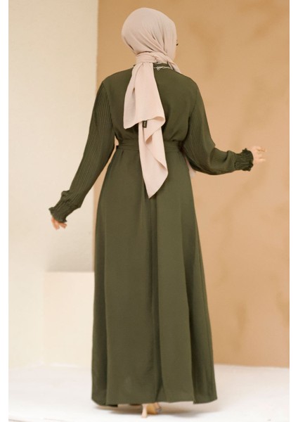 Kolları Pileli Haki Tesettür Elbise 10124HK modelleri