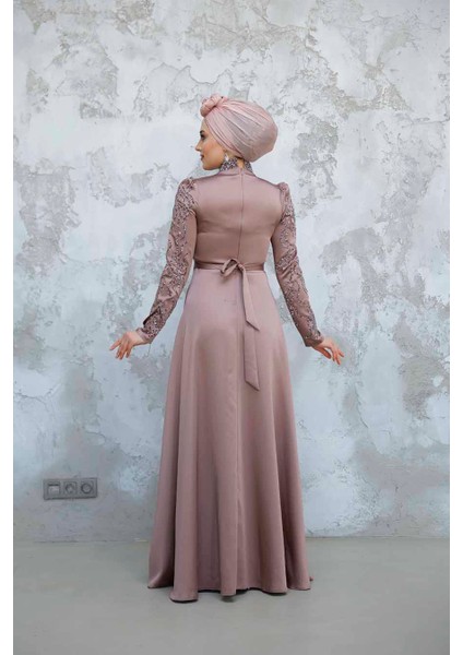 Boncuk Işlemeli Gül Kurusu Tesettür Saten Abiye Elbise 4433GK modelleri