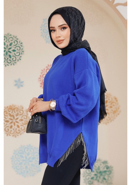 Zincir Detaylı Sax Mavisi Tesettür Kazak Tunik 17202SX fiyatları