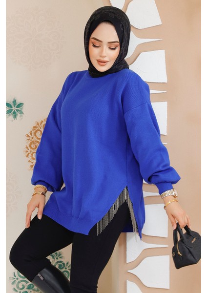 Zincir Detaylı Sax Mavisi Tesettür Kazak Tunik 17202SX modelleri