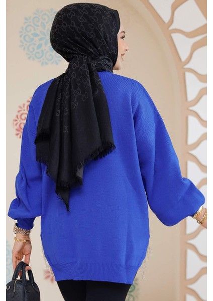 Zincir Detaylı Sax Mavisi Tesettür Kazak Tunik 17202SX fırsatları