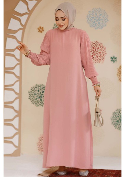 Kolları Pileli Pudra Tesettür Elbise 10124PD