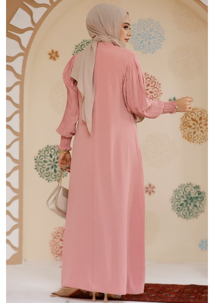 Kolları Pileli Pudra Tesettür Elbise 10124PD modelleri