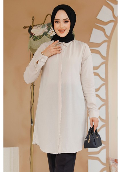 Düğmeli Bej Tesettür Tunik 11715BEJ
