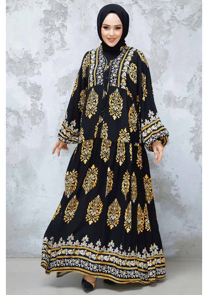 Desenli Hardal Tesettür Elbise 18239HR