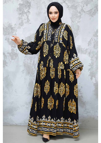 Desenli Hardal Tesettür Elbise 18239HR fiyatları