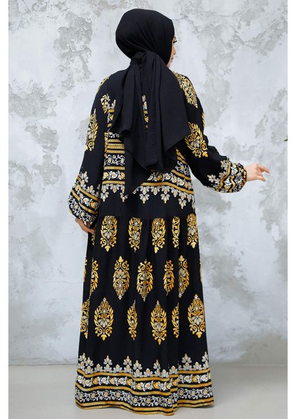 Desenli Hardal Tesettür Elbise 18239HR modelleri