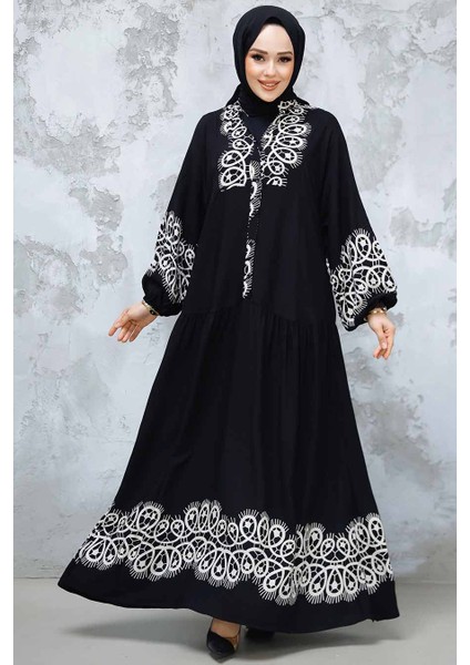 Desenli Siyah Tesettür Elbise 18237S