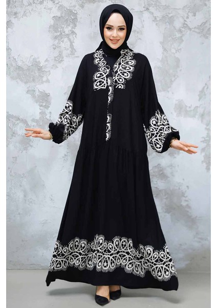Desenli Siyah Tesettür Elbise 18237S fiyatları