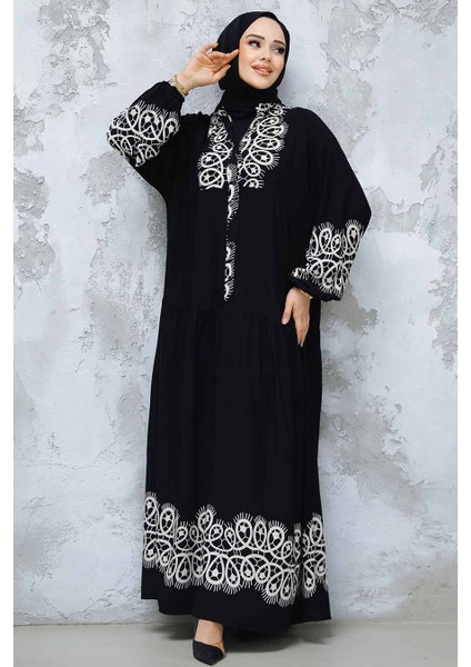 Desenli Siyah Tesettür Elbise 18237S modelleri