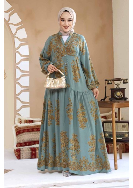 Çiçek Desenli Çağla Yeşili Tesettür Elbise 18241CY fiyatları