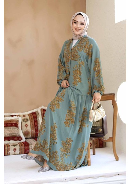 Çiçek Desenli Çağla Yeşili Tesettür Elbise 18241CY modelleri