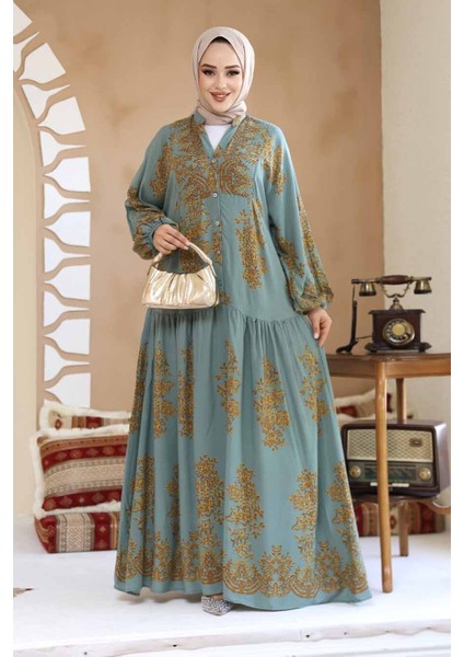 Çiçek Desenli Çağla Yeşili Tesettür Elbise 18241CY fırsatları