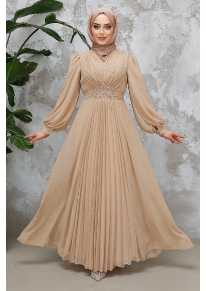 Drape Detaylı Bisküvi Tesettür Abiye Elbise 4448BS